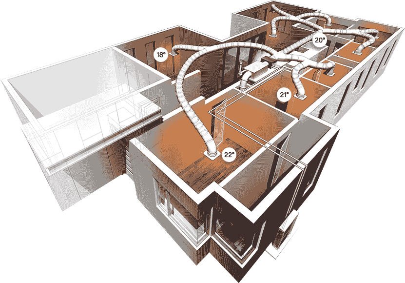 3D diagram of a building's HVAC-R system